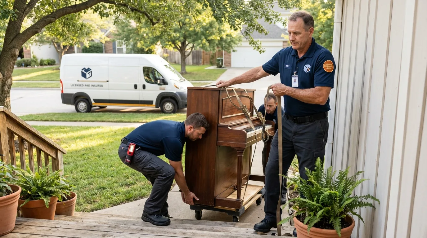 Licensed piano movers securing grand piano in Sanger, TX